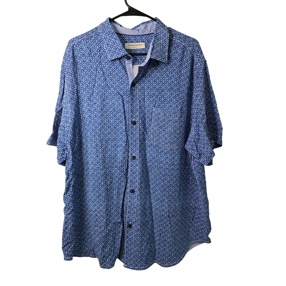 Tommy Bahama Veracruz Cay Mens XL Blue White Geometric Short Sleeve Button Shirt